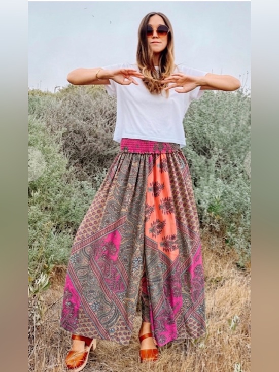 Karma Highway Pants - Bohemian Wide-Leg Printed Palazzo Pants in Pink & Orange